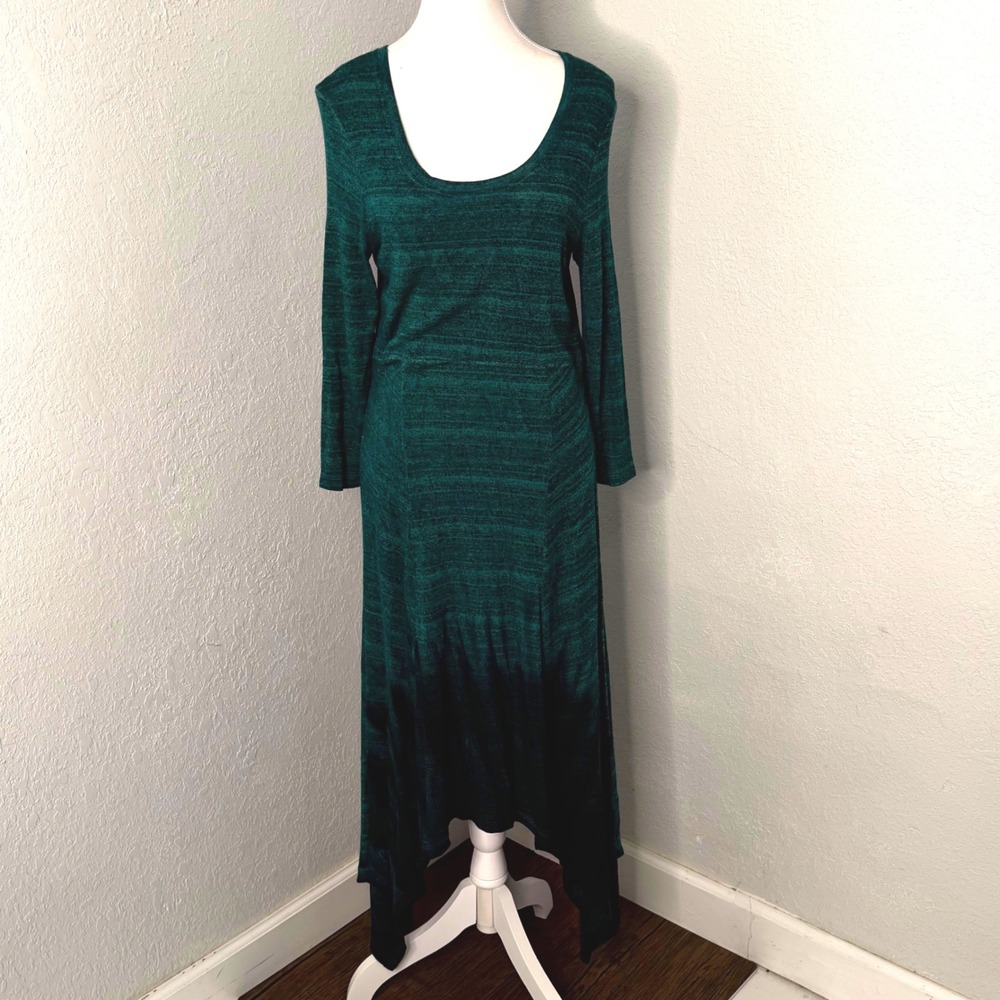 Art of Cloth Teal Green Space Dye Handkerchief Hem Long Sleeve Midi Dress XS